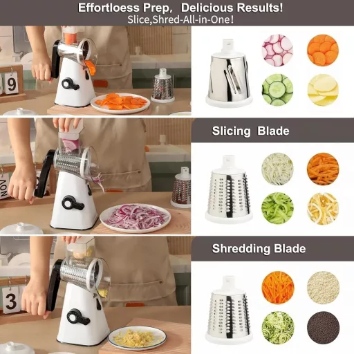 VINATO Forgókaros Zöldségvágó 3 Pengével, Rozsdamentes Acél, Sajtreszelő és Szeletelő Funkció