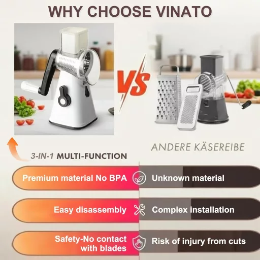 VINATO Forgókaros Zöldségvágó 3 Pengével, Rozsdamentes Acél, Sajtreszelő és Szeletelő Funkció