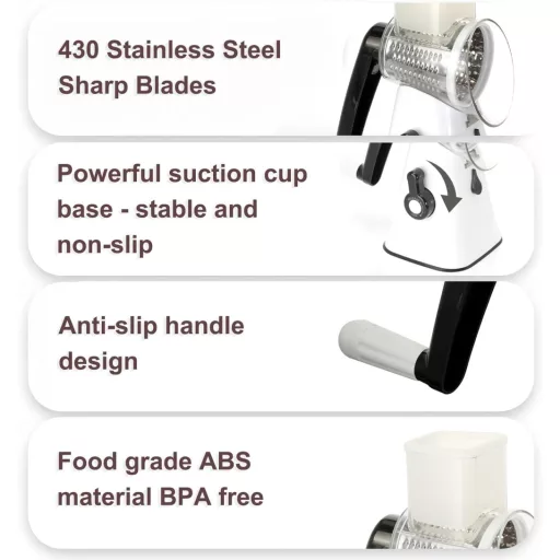 VINATO Forgókaros Zöldségvágó 3 Pengével, Rozsdamentes Acél, Sajtreszelő és Szeletelő Funkció