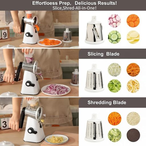 VINATO Forgókaros Zöldségvágó 3 Pengével, Rozsdamentes Acél, Sajtreszelő és Szeletelő Funkció