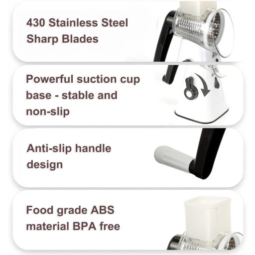 VINATO Forgókaros Zöldségvágó 3 Pengével, Rozsdamentes Acél, Sajtreszelő és Szeletelő Funkció