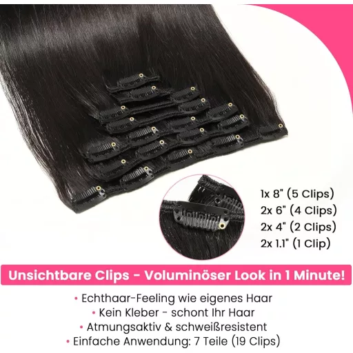 WOWANGEL extensii de păr natural, negru natural, calitate de salon, 7 piese cu 19 clipsuri
