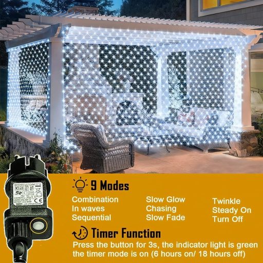 Dekofun 3x2m 200 LED Kültéri Fényhálózat Időzítővel, 8 Üzemmód, Vízálló Karácsonyi Dekoráció