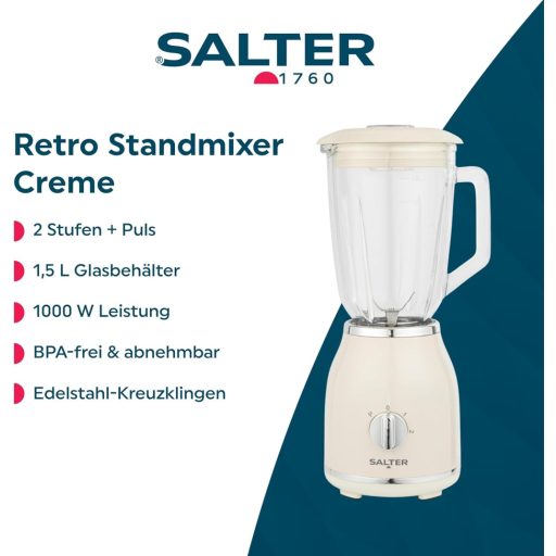 Salter Retro Krém Turmixgép 1.5L Üveg Tartály, 2 Fokozat, 1000W