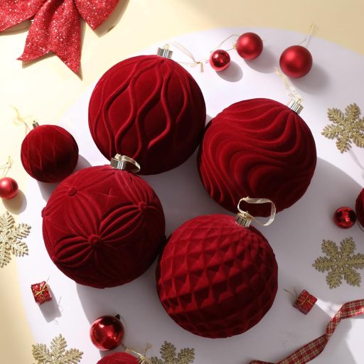 Lanpn 6-dielna sada veľkých vianočných gúľ, červená zamatová dekorácia, 10 cm, nerozbitný plast