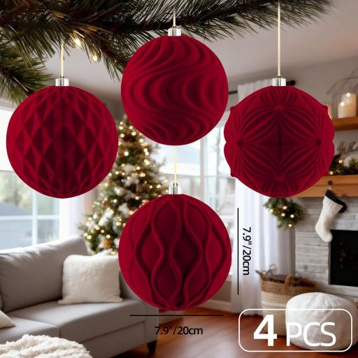 Lanpn 6-dielna sada veľkých vianočných gúľ, červená zamatová dekorácia, 10 cm, nerozbitný plast