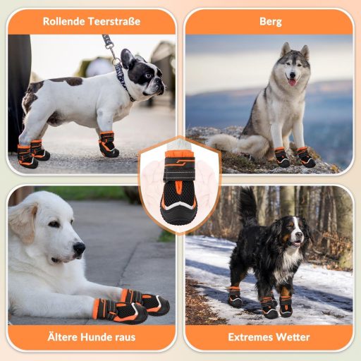 Eyein Kutyacipő 2 Pár Légáteresztő Talpvédelem Csúszásmentes Reflexes Velcro Narancssárga