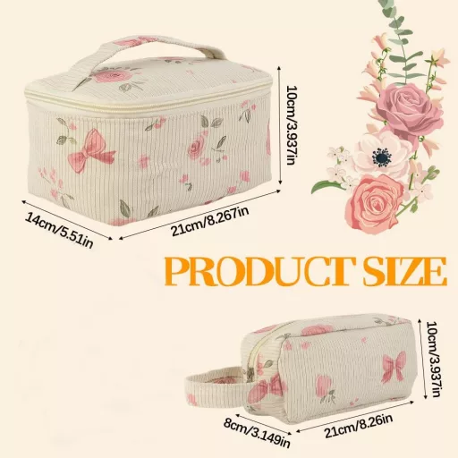 Set de 2 genți cosmetice din catifea reiată cu model floral - Portabile, pentru machiaj, ideale pentru călătorii, în geantă, pentru fete (21x14x10 cm)
