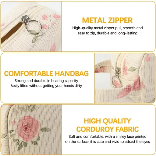 Set de 2 genți cosmetice din catifea reiată cu model floral - Portabile, pentru machiaj, ideale pentru călătorii, în geantă, pentru fete (21x14x10 cm)