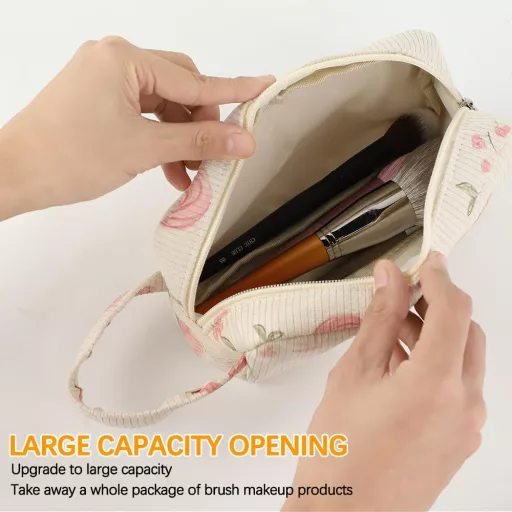 Set de 2 genți cosmetice din catifea reiată cu model floral - Portabile, pentru machiaj, ideale pentru călătorii, în geantă, pentru fete (21x14x10 cm)