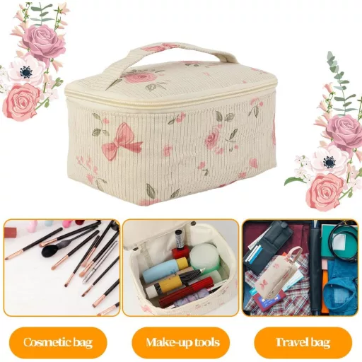 Set de 2 genți cosmetice din catifea reiată cu model floral - Portabile, pentru machiaj, ideale pentru călătorii, în geantă, pentru fete (21x14x10 cm)