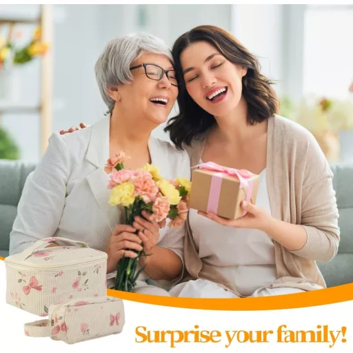 Fyfjur Kordbársony Virágmintás Kozmetikai Táska Szett - 2 db Hordozható Smink Neszeszer Utazáshoz, Kézitáskába, Lányoknak (21x14x10 cm)