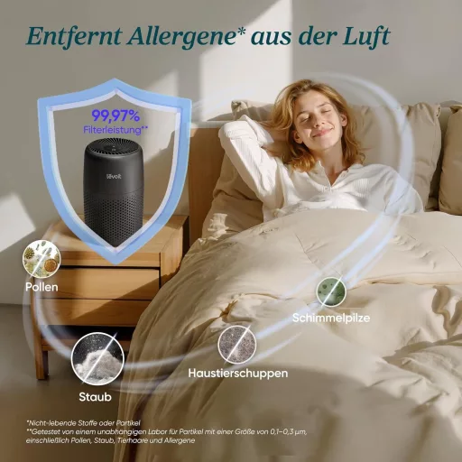 LEVOIT Core Mini fekete légtisztító HEPA szűrővel, aromaterápiás funkcióval, hálószobához