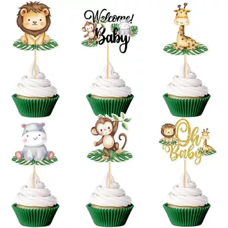   BRTNUP 24 db Cupcake Topper Dzsungel Állatok Születésnapi Tortadekoráció