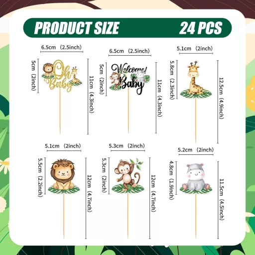 BRTNUP 24 db Cupcake Topper Dzsungel Állatok Születésnapi Tortadekoráció