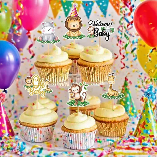 BRTNUP 24 db Cupcake Topper Dzsungel Állatok Születésnapi Tortadekoráció