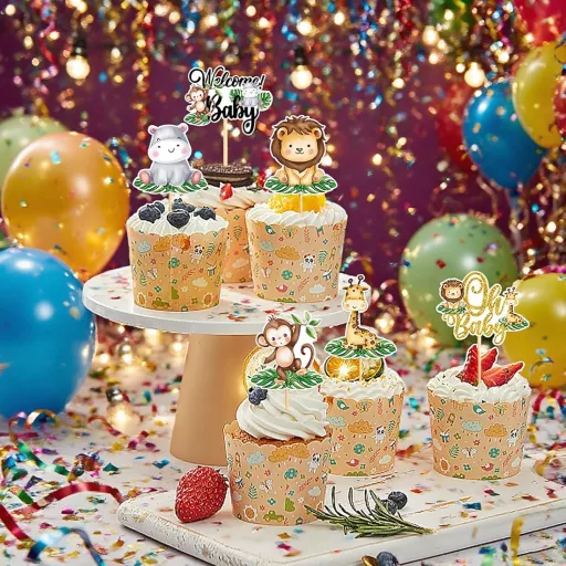 BRTNUP 24 db Cupcake Topper Dzsungel Állatok Születésnapi Tortadekoráció
