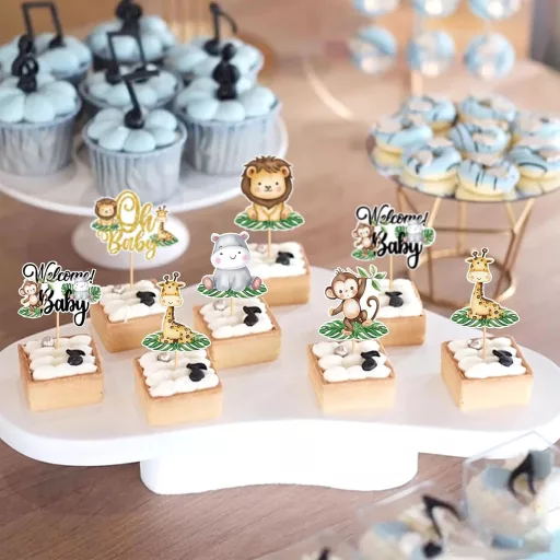BRTNUP 24 db Cupcake Topper Dzsungel Állatok Születésnapi Tortadekoráció