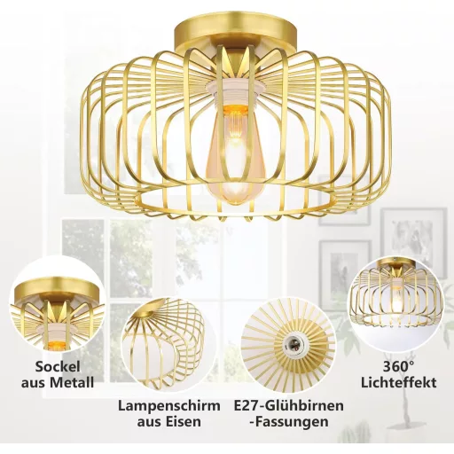 SERBASIC arany LED mennyezeti lámpa E27 fém retro kerek ipari konyha hálószoba