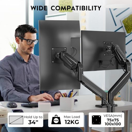 BONTEC Dual Monitor Tartó Gázrugós Kar 2 Képernyőhöz 15-34" Forgatható Magasságállítható