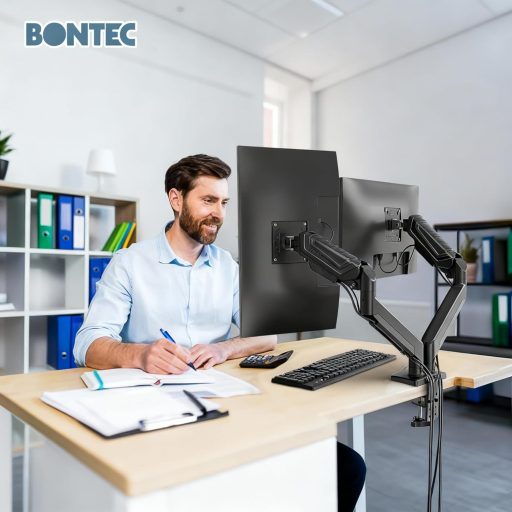 BONTEC Dual Monitor Tartó Gázrugós Kar 2 Képernyőhöz 15-34" Forgatható Magasságállítható