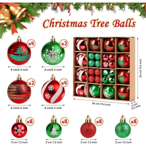 Vianočná sada gúľ ilauke, 44 ks, červená a zelená, plastová, 3-6 cm, dekorácia
