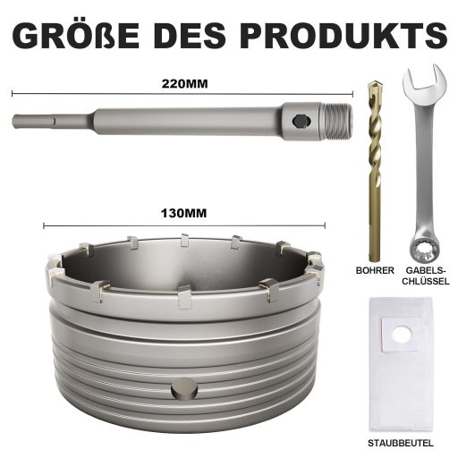 ZENIX 130 mm SDS Plus Fúrófej Adapter 220 mm Kőfúráshoz Betonhoz Márványhoz Porzsák Kulcs