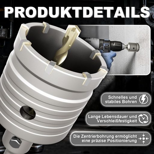 ZENIX 130 mm SDS Plus Fúrófej Adapter 220 mm Kőfúráshoz Betonhoz Márványhoz Porzsák Kulcs