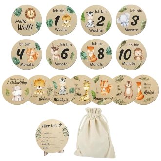   FDHBDF 15 ks drevených míľnikových kartičiek s motívom farebných zvieratiek na zaznamenanie spomienok bábätka