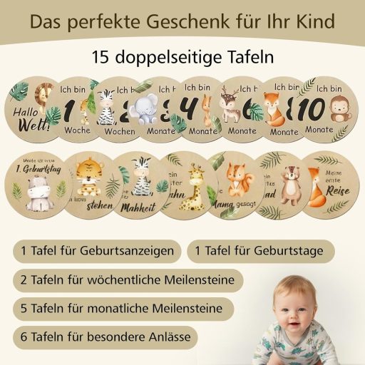 FDHBDF 15 ks drevených míľnikových kartičiek s motívom farebných zvieratiek na zaznamenanie spomienok bábätka