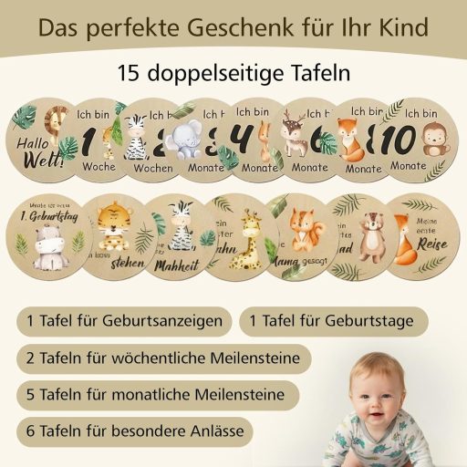 FDHBDF 15 db Fa Mérföldkő Kártya Színes Állatok Mintával Baba Emlékekhez