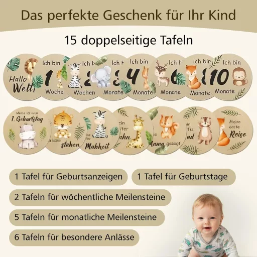 FDHBDF 15 db Fa Mérföldkő Kártya Színes Állatok Mintával Baba Emlékekhez