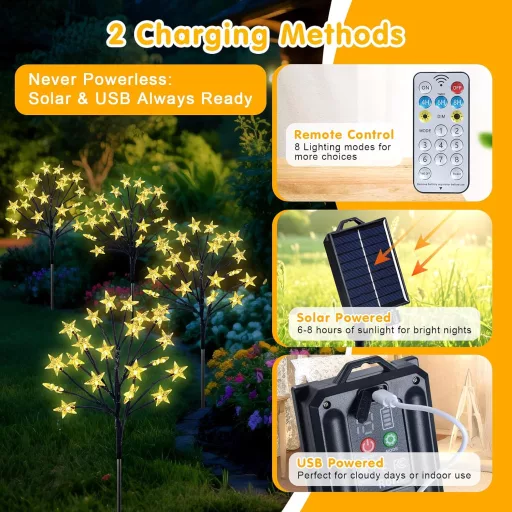 Ninonly 80 LED solárne záhradné svietidlá 4 ks v tvare hviezdy, vodotesné, 8 režimov