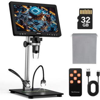   WADEO 10.1" LCD digitális mikroszkóp 1500x nagyítás 32GB kártyával, USB csatlakozás, 8 LED, fém állvány, javításhoz és szolderozáshoz