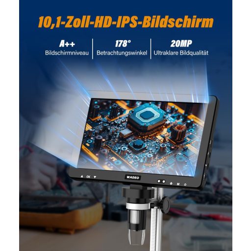 WADEO 10.1" LCD digitális mikroszkóp 1500x nagyítás 32GB kártyával, USB csatlakozás, 8 LED, fém állvány, javításhoz és szolderozáshoz