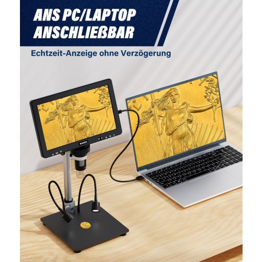 WADEO 10.1" LCD digitális mikroszkóp 1500x nagyítás 32GB kártyával, USB csatlakozás, 8 LED, fém állvány, javításhoz és szolderozáshoz