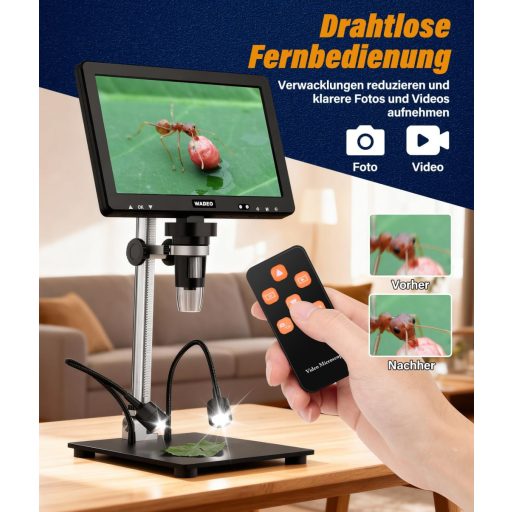WADEO 10.1" LCD digitális mikroszkóp 1500x nagyítás 32GB kártyával, USB csatlakozás, 8 LED, fém állvány, javításhoz és szolderozáshoz