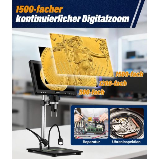 WADEO 10.1" LCD digitális mikroszkóp 1500x nagyítás 32GB kártyával, USB csatlakozás, 8 LED, fém állvány, javításhoz és szolderozáshoz