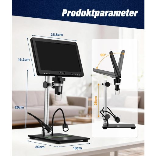 WADEO 10.1" LCD digitális mikroszkóp 1500x nagyítás 32GB kártyával, USB csatlakozás, 8 LED, fém állvány, javításhoz és szolderozáshoz