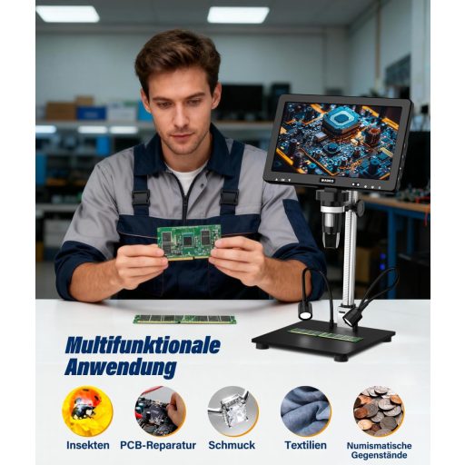 WADEO 10.1" LCD digitális mikroszkóp 1500x nagyítás 32GB kártyával, USB csatlakozás, 8 LED, fém állvány, javításhoz és szolderozáshoz