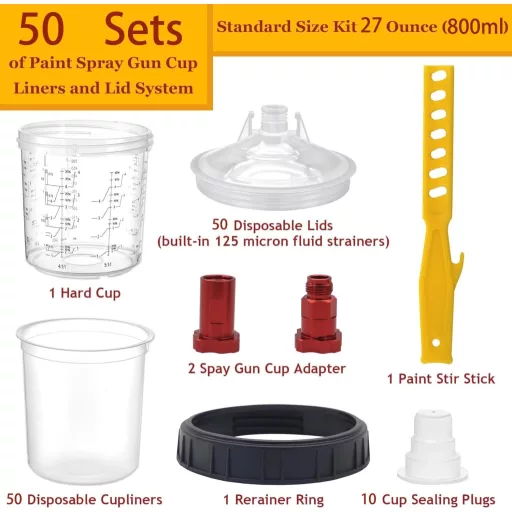 TOOSOAR 800ml Festékkevert pohár 50db fedővel + alumínium adapter + keverőbot
