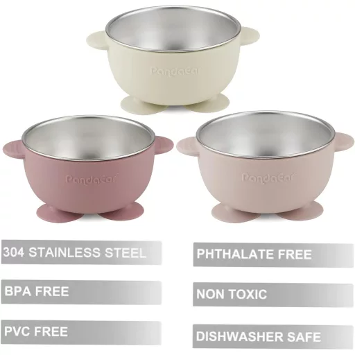 PandaEar 3 részes rozsdamentes acél tányér szívókoronggal, tapadókorongos baba tál BPA-mentes