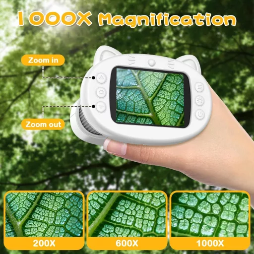 Misilmp 1000x digitális gyermek mikroszkóp 2.4" kijelzővel, 8 LED-del, hordozható fehér - White