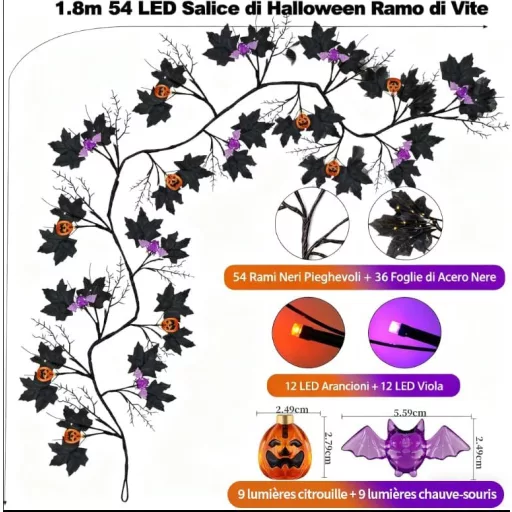 Gresonic Halloween girlanda, crna, 54 LED, ukras u obliku bundeve, 8 načina rada, vodootporna