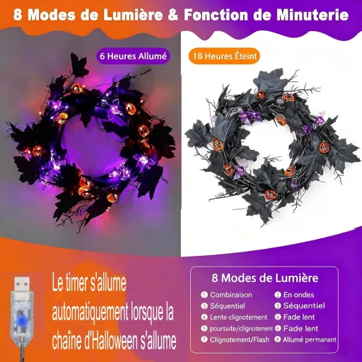 Gresonic Halloween girland fekete 54 LED-es tök dekoráció 8 üzemmód vízálló