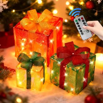   TUIBEIDAMAI 3-dielna sada LED darčekových krabíc s diaľkovým ovládaním, vianočná dekorácia