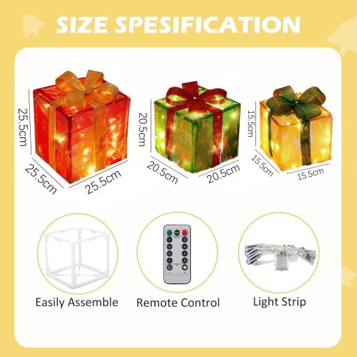 TUIBEIDAMAI 3-dielna sada LED darčekových krabíc s diaľkovým ovládaním, vianočná dekorácia