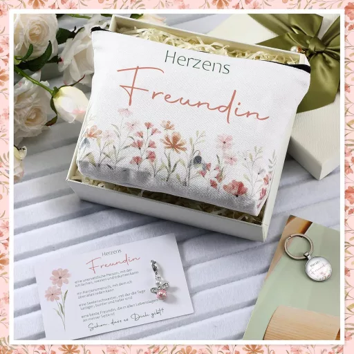 Photect Poklon Set za Žene - Kozmetička Torbica, Gravirani Privjesak za Ključeve, Anđeo