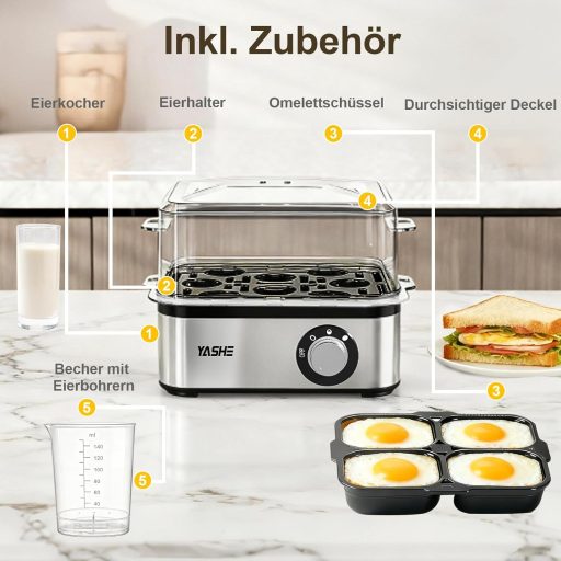 YASHE Tojásfőző Rozsdamentes Acél 8 Tojáshoz Lágy Kemény Főzéshez Mérőpohár