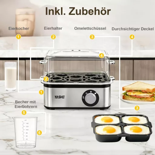 YASHE Tojásfőző Rozsdamentes Acél 8 Tojáshoz Lágy Kemény Főzéshez Mérőpohár
